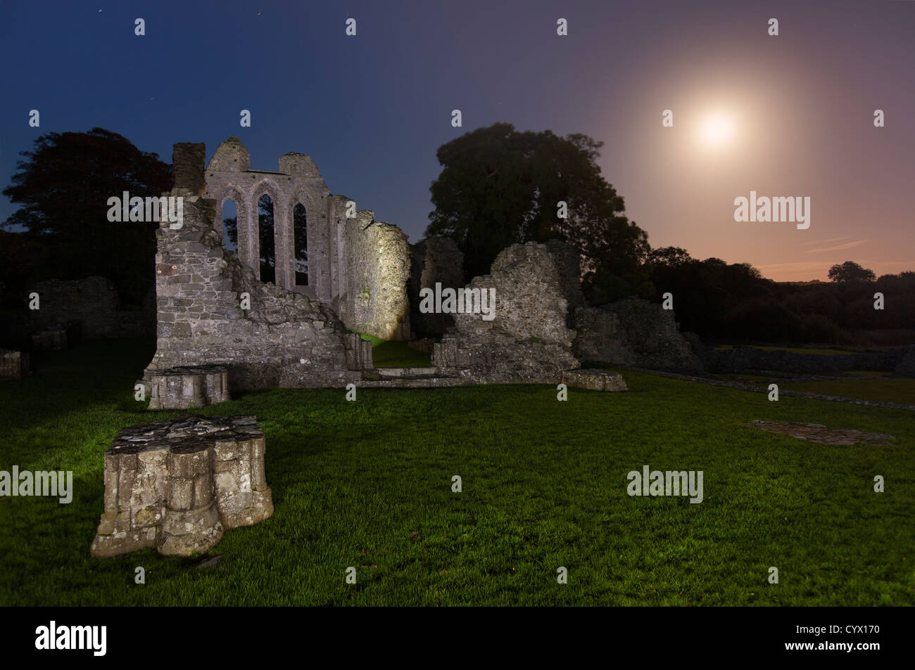Nachtaufnahme von Zoll Abbey im County Down, nördlichen Mondschein. Irland Stockfoto