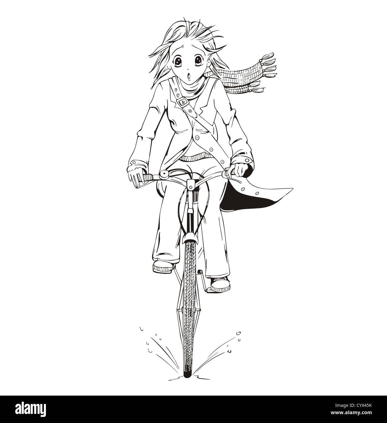 Anime Mädchen Radfahrer. Schwarz / Weiß-Vektor-Illustration. Stockfoto