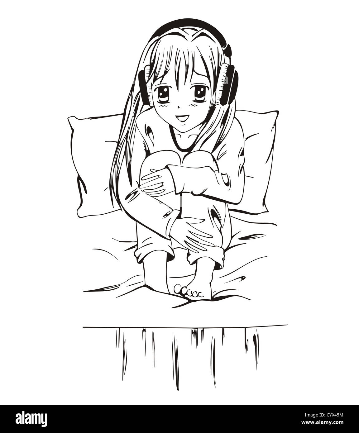 Anime Mädchen mit Kopfhörern auf dem Bett sitzen. Schwarz / Weiß-Vektor-Illustration. Stockfoto
