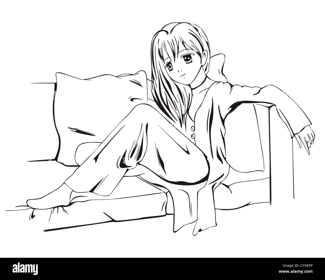 Anime Girl auf Sofa mit Kissen sitzen. Schwarz / Weiß-Vektor-Illustration. Stockfoto