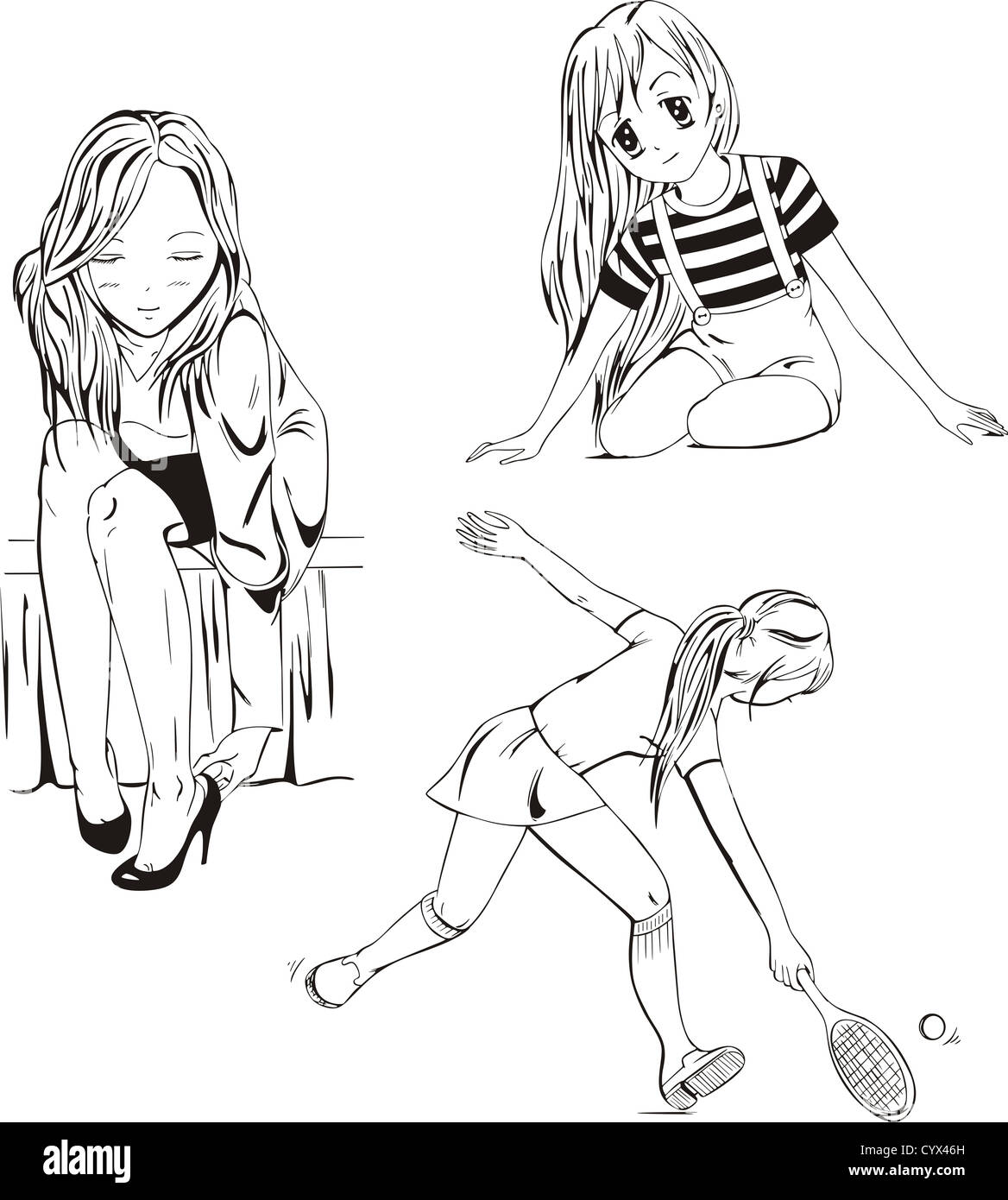 Satz von Anime Mädchen. Schwarz / Weiß-Vektor-Illustration. Stockfoto