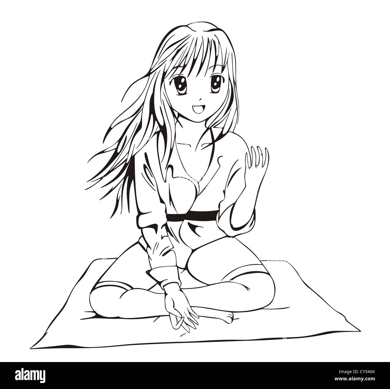 Anime-Wushu-Mädchen. Schwarz / Weiß-Vektor-Illustration. Stockfoto