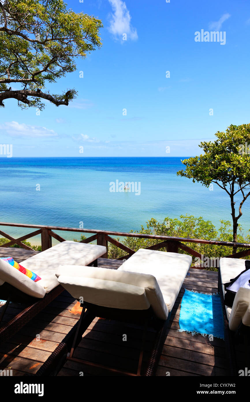 Die Aussicht von der Terrasse eines Luxus-Lodge auf Inhaca Island Mosambik Stockfoto