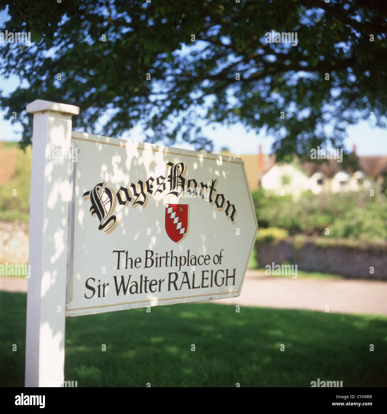 Melden Sie auf Sir Walter Raleigh Geburtsort Stockfoto