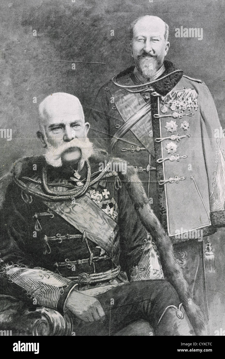 Franz Joseph i. von Österreich (1830-1916). Kaiser von Österreich und König von Ungarn und Ferdinand i. von Österreich (1861-1948). Stockfoto