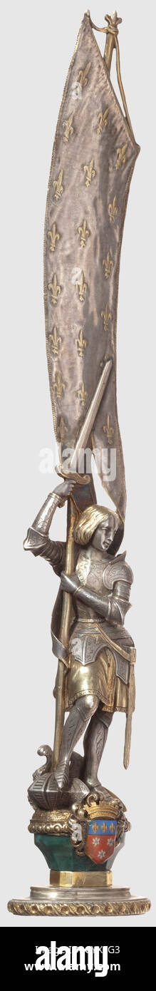 König Ludwig II. Von Bayern(1845 - 1886),ein prächtiges Siegel der Jeanne d'Arc,ein Geschenk der Orléans Familie Silber,teilweise vergoldet,Malachit und Emaille. Die vertikal ovale Siegelfläche mit dem geschliffnen Spiegelmonogramm 'L', das auf den Sonnenkönig Ludwig XIV. Unter der königlichen bayerischen Krone verweist, mit Lorbeerkranzen verziert und in einem Lorbeerkranz. Der lange Griff aus massivem Silber, teilweise vergoldet und graviert. Jeanne d'Arc trägt einen Anzug von Rüstung, Helm und Schild an ihren Füßen, nicht historisch, 19. Jahrhundert, Bayern, Bayern, Deutschland, Süddeutschland, die, zusätzliche-Rechte-Clearences-nicht verfügbar Stockfoto