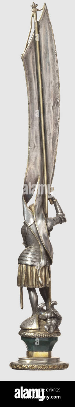 König Ludwig II. Von Bayern(1845 - 1886),ein prächtiges Siegel der Jeanne d'Arc,ein Geschenk der Orléans Familie Silber,teilweise vergoldet,Malachit und Emaille. Die vertikal ovale Siegelfläche mit dem geschliffnen Spiegelmonogramm 'L', das auf den Sonnenkönig Ludwig XIV. Unter der königlichen bayerischen Krone verweist, mit Lorbeerkranzen verziert und in einem Lorbeerkranz. Der lange Griff aus massivem Silber, teilweise vergoldet und graviert. Jeanne d'Arc trägt einen Anzug von Rüstung, Helm und Schild an ihren Füßen, nicht historisch, 19. Jahrhundert, Bayern, Bayern, Deutschland, Süddeutschland, die, zusätzliche-Rechte-Clearences-nicht verfügbar Stockfoto