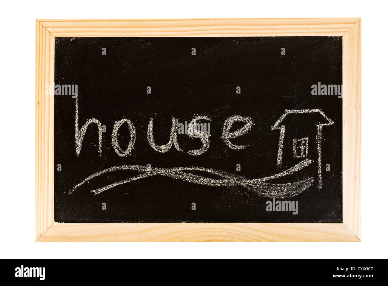 Haus-Wort und Bild schreiben an Tafel für Bildung. Stockfoto