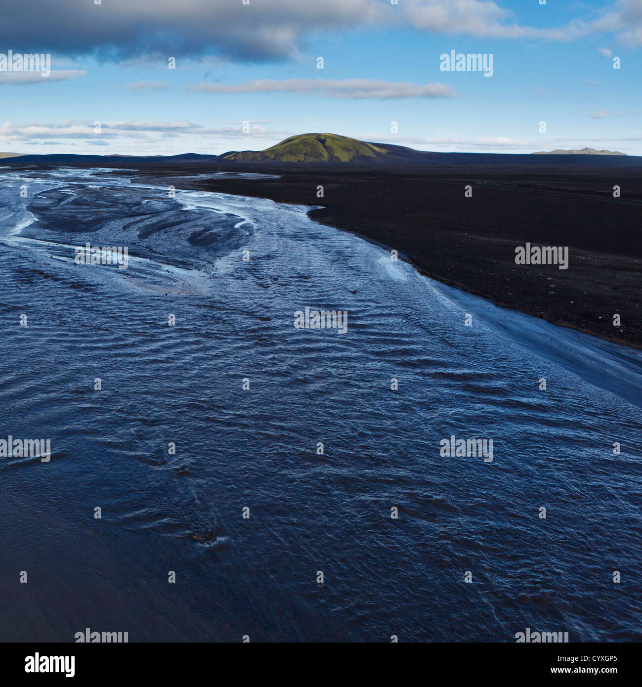 Schwarzer Sand von Maelifellssandur, Central Highlands, Islands schwarzen Sand der Wüste Gebiet nördlich des Gletschers Mýrdalsjökull Stockfoto