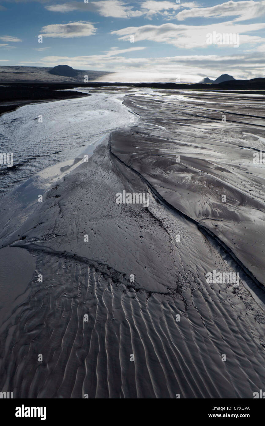 Schwarzer Sand von Maelifellssandur, Central Highlands, Islands schwarzen Sand der Wüste Gebiet nördlich des Gletschers Mýrdalsjökull Stockfoto