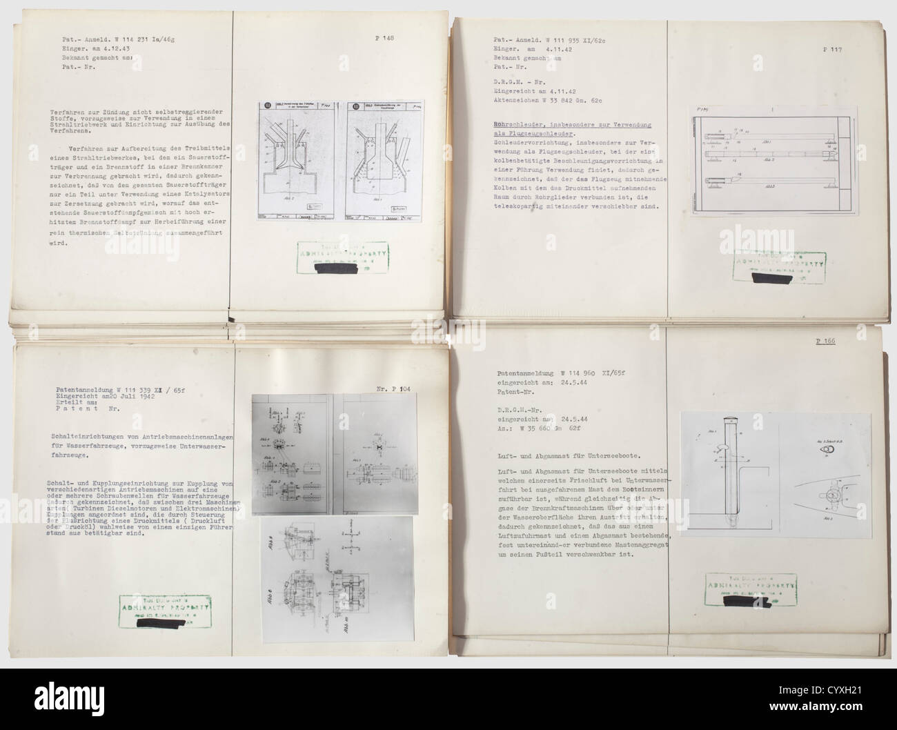 Walter Werk Kiel,ca. siebzig Patentbeschreibungen 1942 - 44 kurze Beschreibungen technischer Innovationen für Wasserfahrzeuge und Flugzeuge,für Motorenanlagen,Flugzeugkatapulte,Sauerstoffproduktion,Tragflächenprofile,U-Boot Rümpfe,Torpedos und Marke 'W'(Walter Werke). Pappkarten, jede mit Patentbeschreibung, die meisten mit technischen Zeichnungen und mit Alterserscheinungen. Diese Patentbeschreibungen dokumentieren die Innovationsfähigkeit der deutschen Rüstungsindustrie, historisch, historisch, 1930er, 20. Jahrhundert, Marine, Marine, Militär, Militaria, Zweig, zusätzliche Rechte-Clearences-nicht verfügbar Stockfoto