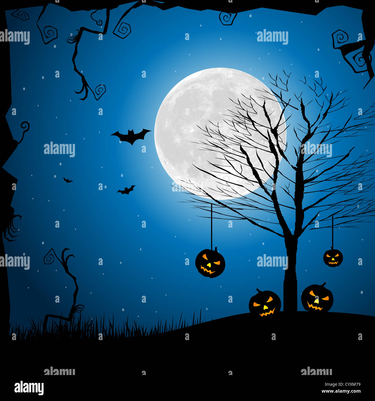 Illustration der Halloween-Nacht im Friedhof mit glühenden Kürbis Stockfoto