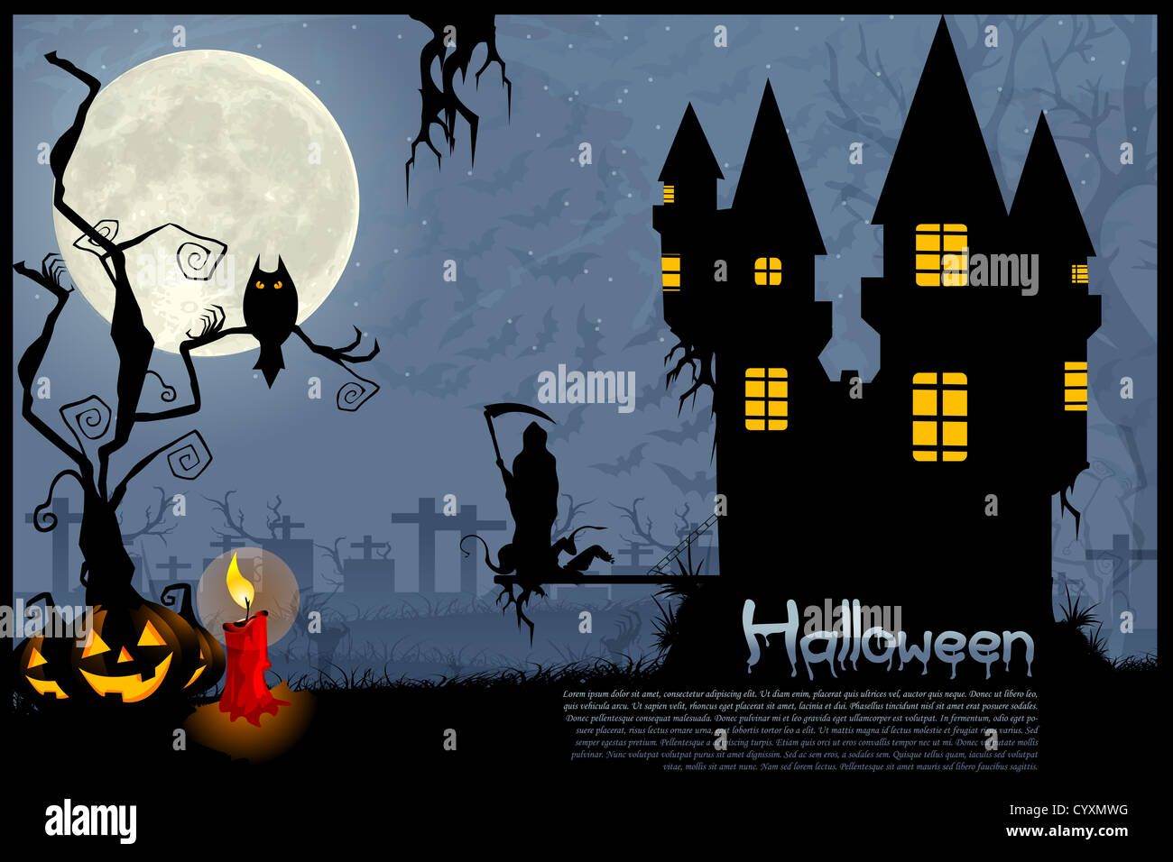 Darstellung der dunklen Nacht des Grauens Halloween Geisterhaus und brennende Kerze Stockfoto