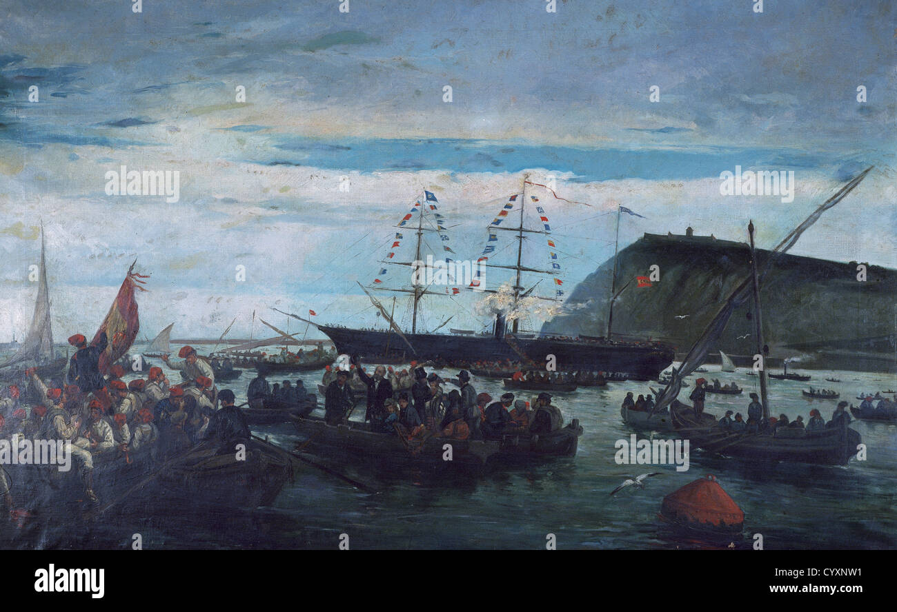 Zehn Jahre Krieg oder großen Krieg (1868-1878). Die Einschiffung der katalanischen Freiwilligen für den kubanischen Krieg in den Hafen von Barcelona. Stockfoto