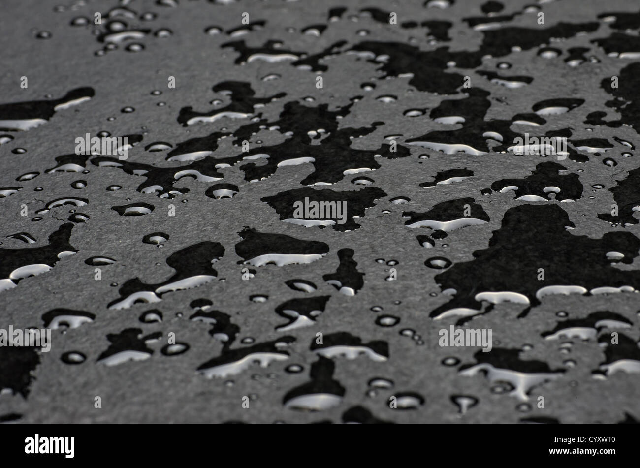 Makroaufnahme einer Schiefer Platte mit Wasser Tropfen Stockfoto