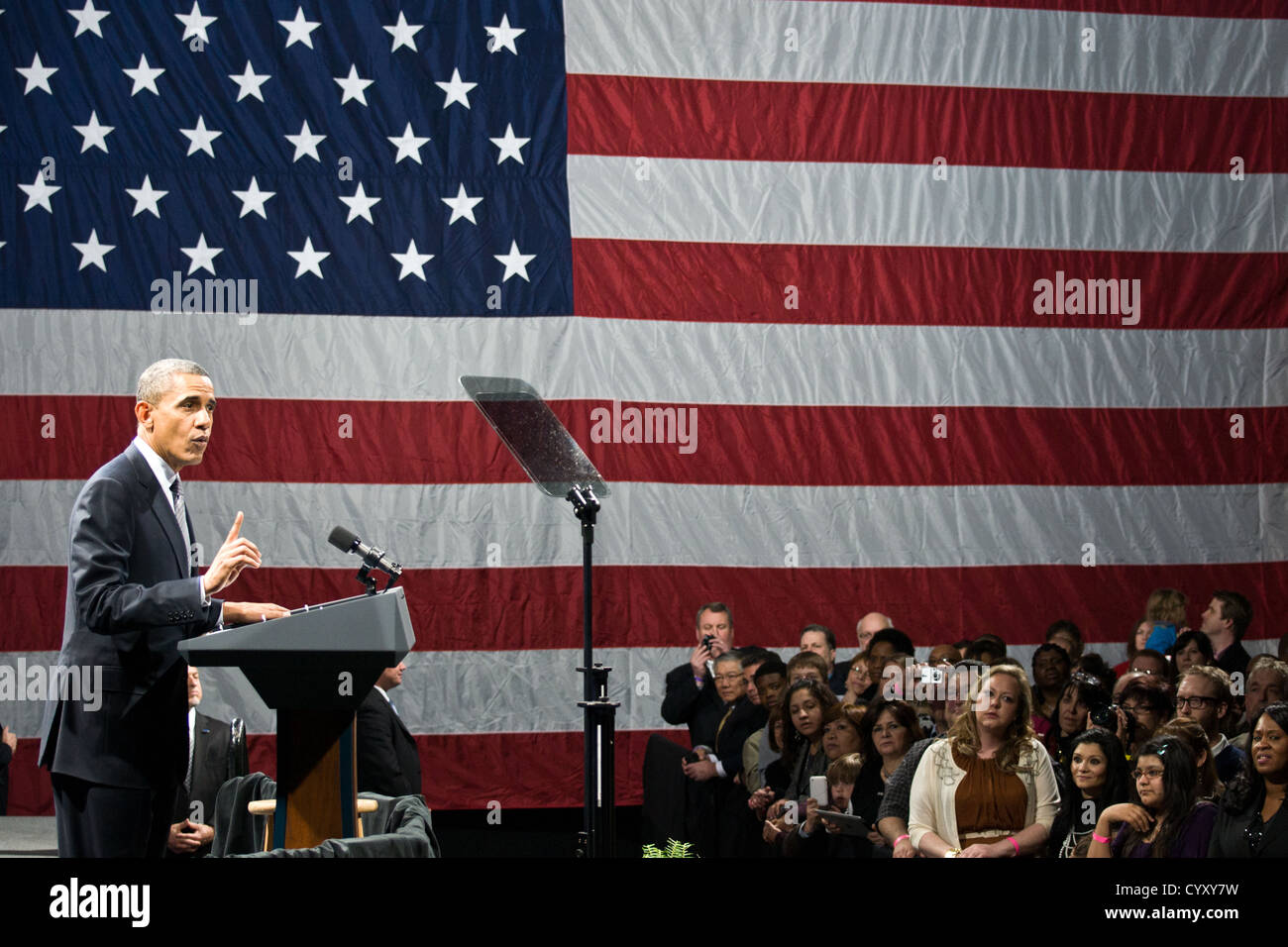 Präsident Obama spricht auf einer Kundgebung für seinen Präsidentschaftswahlkampf 2012. Stockfoto