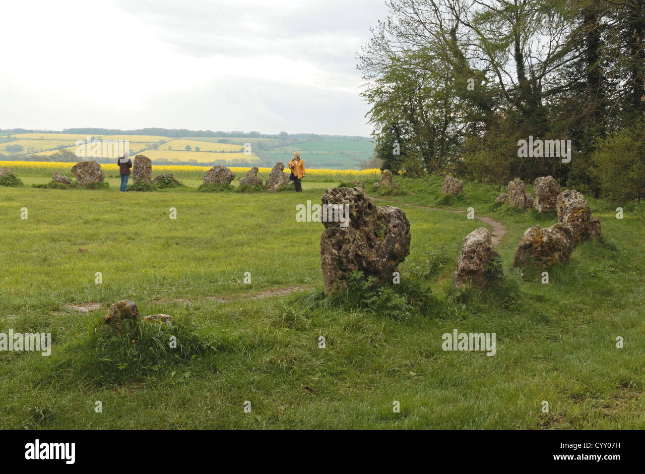Den Männern des Königs Stein Kreis, Teil der Rollright Steine, in der Nähe von Chipping Norton, Oxfordshire, Vereinigtes Königreich. Stockfoto