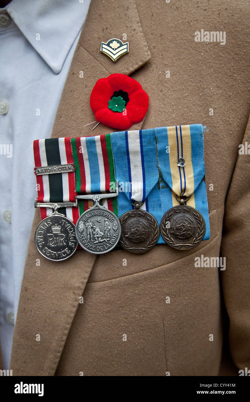 Eine Veteran trägt seine Medaillen und eine Mohnblume während Volkstrauertag am Ehrenmal in Vancouvers Siegesplatz. Stockfoto