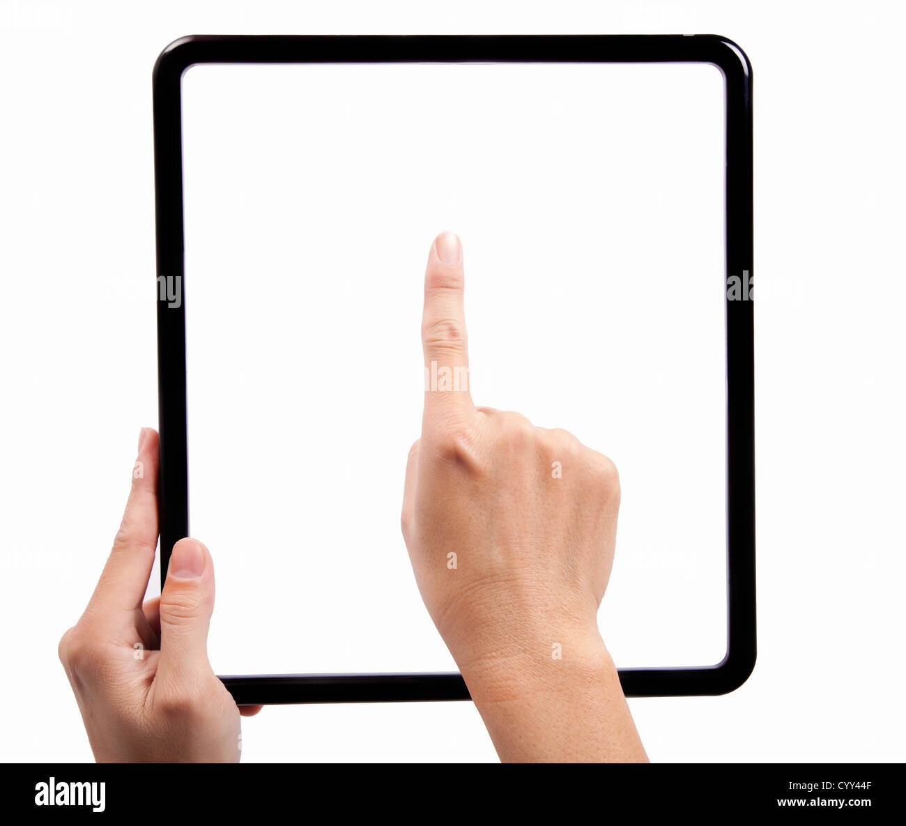 Hand hält einen schwarzen quadratischen Rahmen und Finger versuchen, das Pad berühren Stockfoto