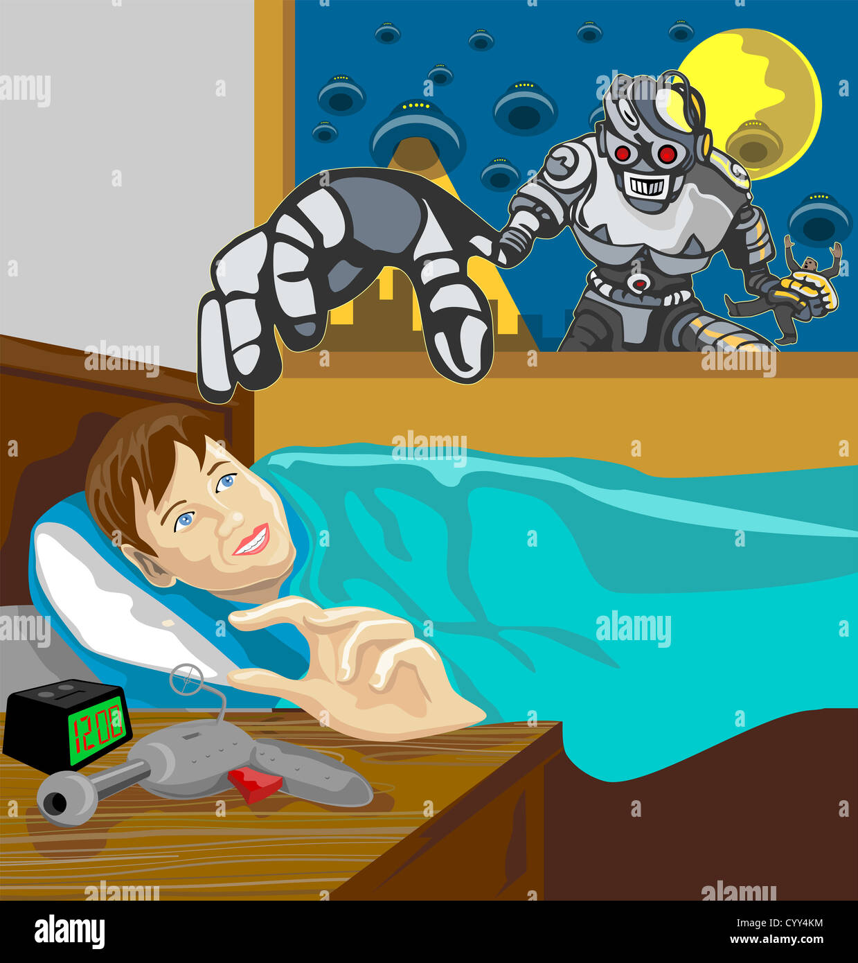 Abbildung von einem Eindringling Roboter greifen junge im Bett mit Ray Gun aus Fenster getan im retro-Stil zu erreichen. Stockfoto