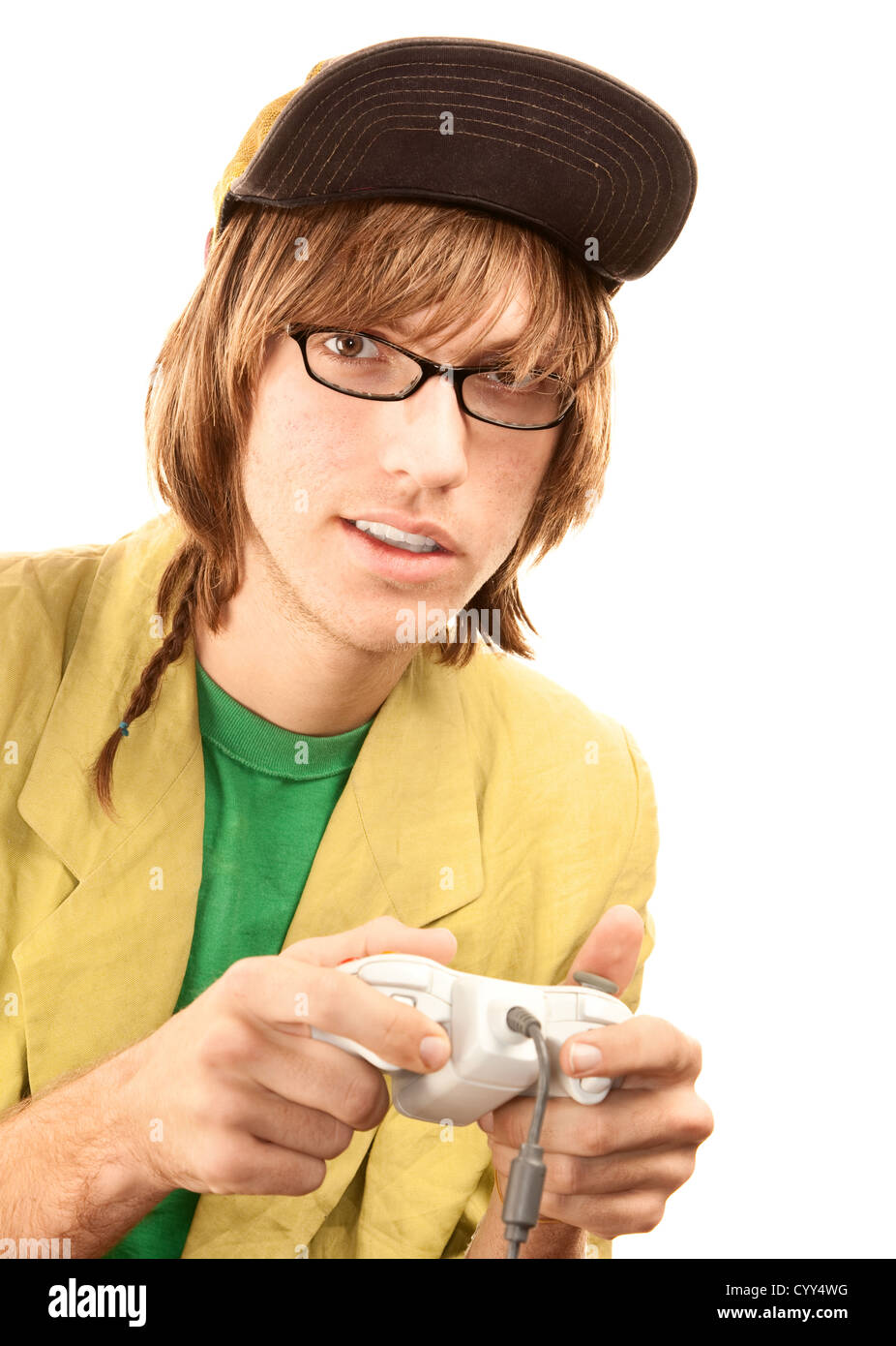 Teenager in Gläsern mit elektronischen game-controller Stockfoto