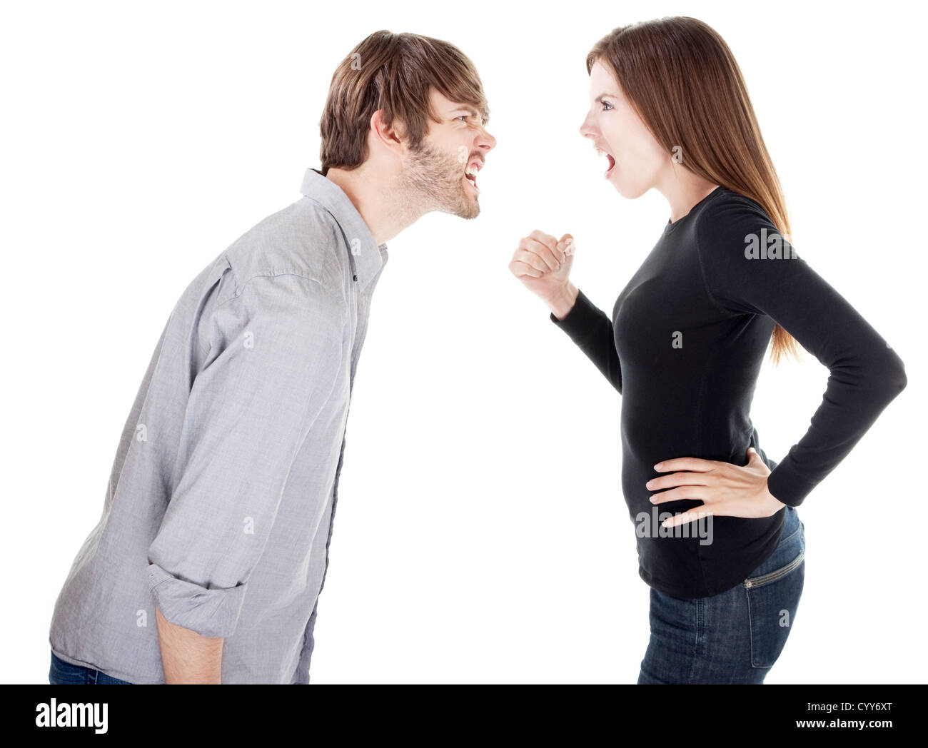 Gut aussehende Paar auf weißem Hintergrund zu streiten Stockfoto