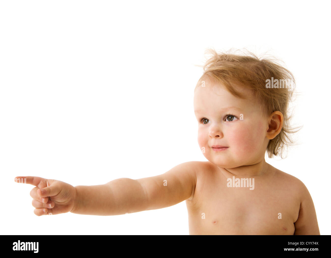Einjähriges Kind deuten auf der Suche zur Seite isoliert auf weiss Stockfoto
