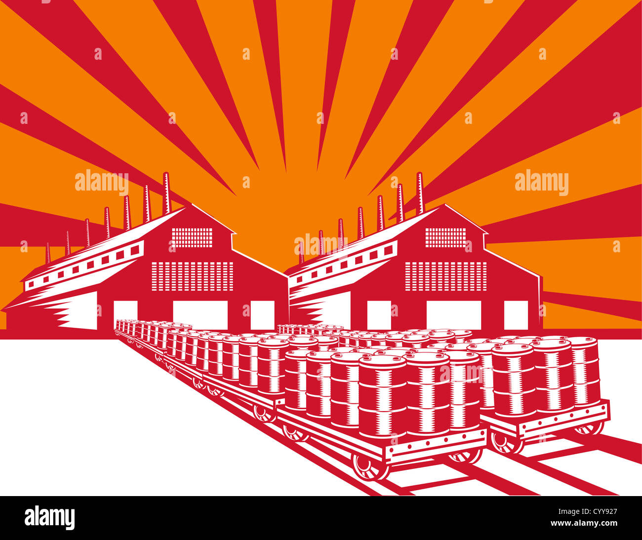 Abbildung eines Fabrikgebäudes mit Trommel und Barrel Öl auf Gleise im retro-Stil gemacht. Stockfoto