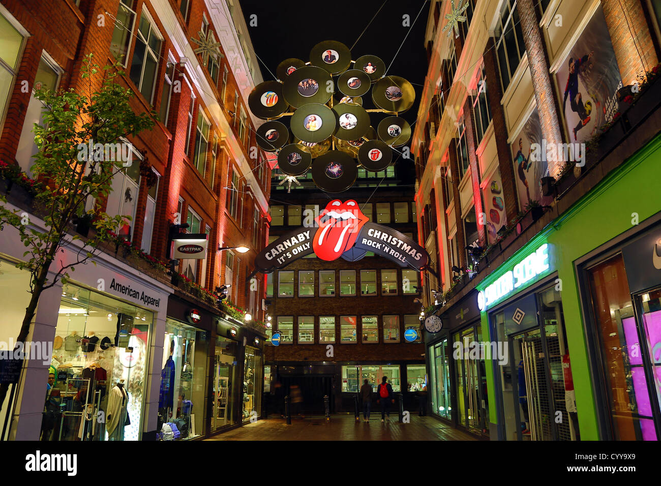 London, UK. 12. November 2012. Weihnachtsbeleuchtung und Dekorationen in der Carnaby Street mit einem Rock ' n Roll zeichnet Thema, London Stockfoto