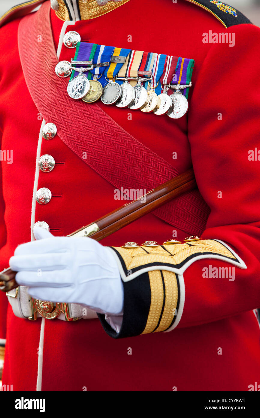 Einheitliche Detail eines Mitglieds der Scots Wachablösung vor dem Buckingham Palace, London England, UK Stockfoto