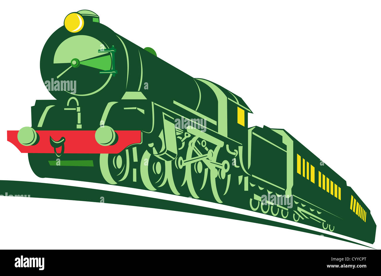 Beispiel für eine Dampf Zug Lokomotive demnächst auf Eisenbahn getan im retro-Stil auf isolierte Hintergrund Stockfoto