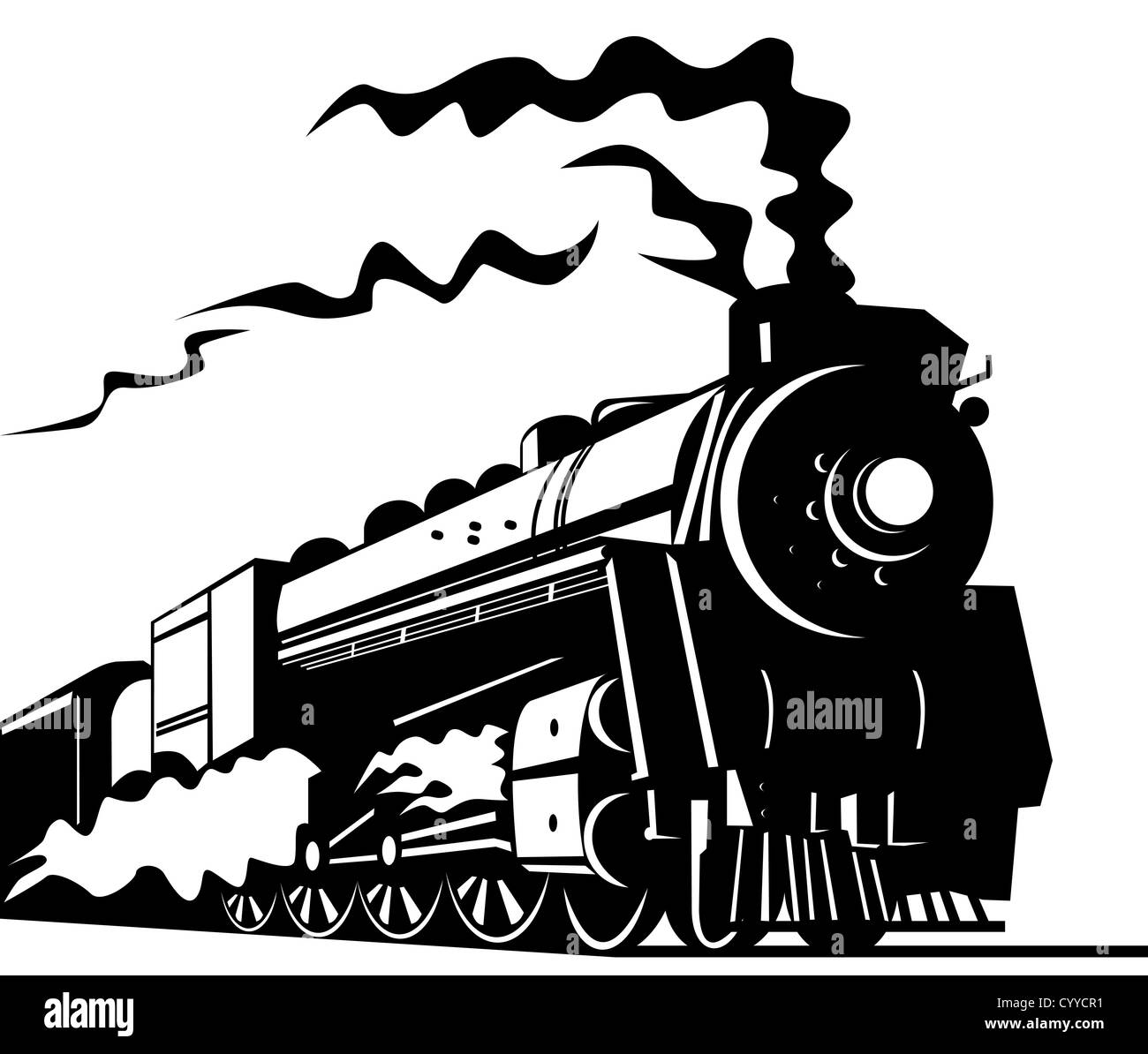 Beispiel für eine Dampf Zug Lokomotive demnächst auf Eisenbahn getan im retro-Stil auf isolierte Hintergrund Stockfoto