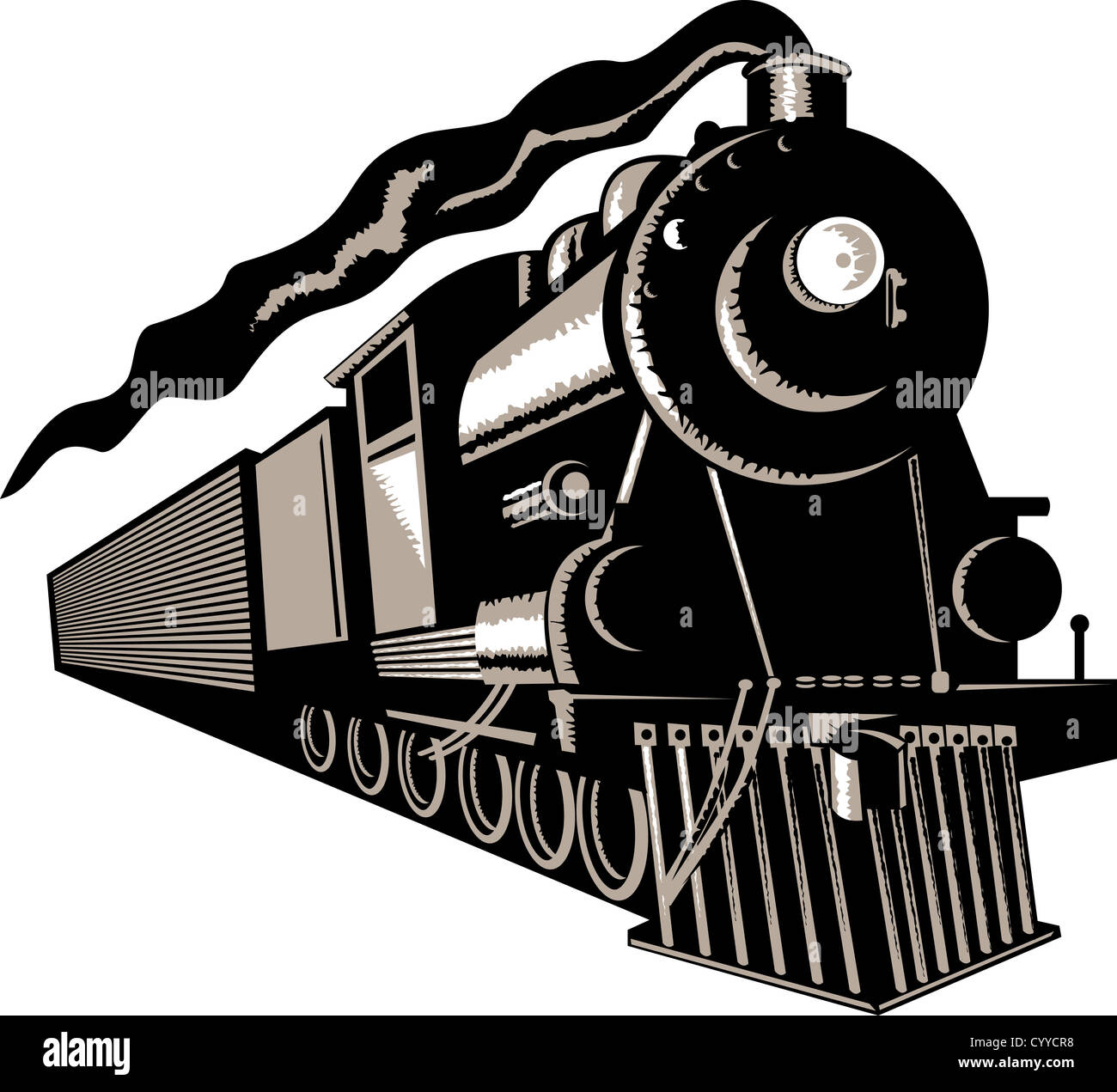 Beispiel für eine Dampf Zug Lokomotive demnächst auf Eisenbahn getan im retro-Stil auf isolierte Hintergrund Stockfoto