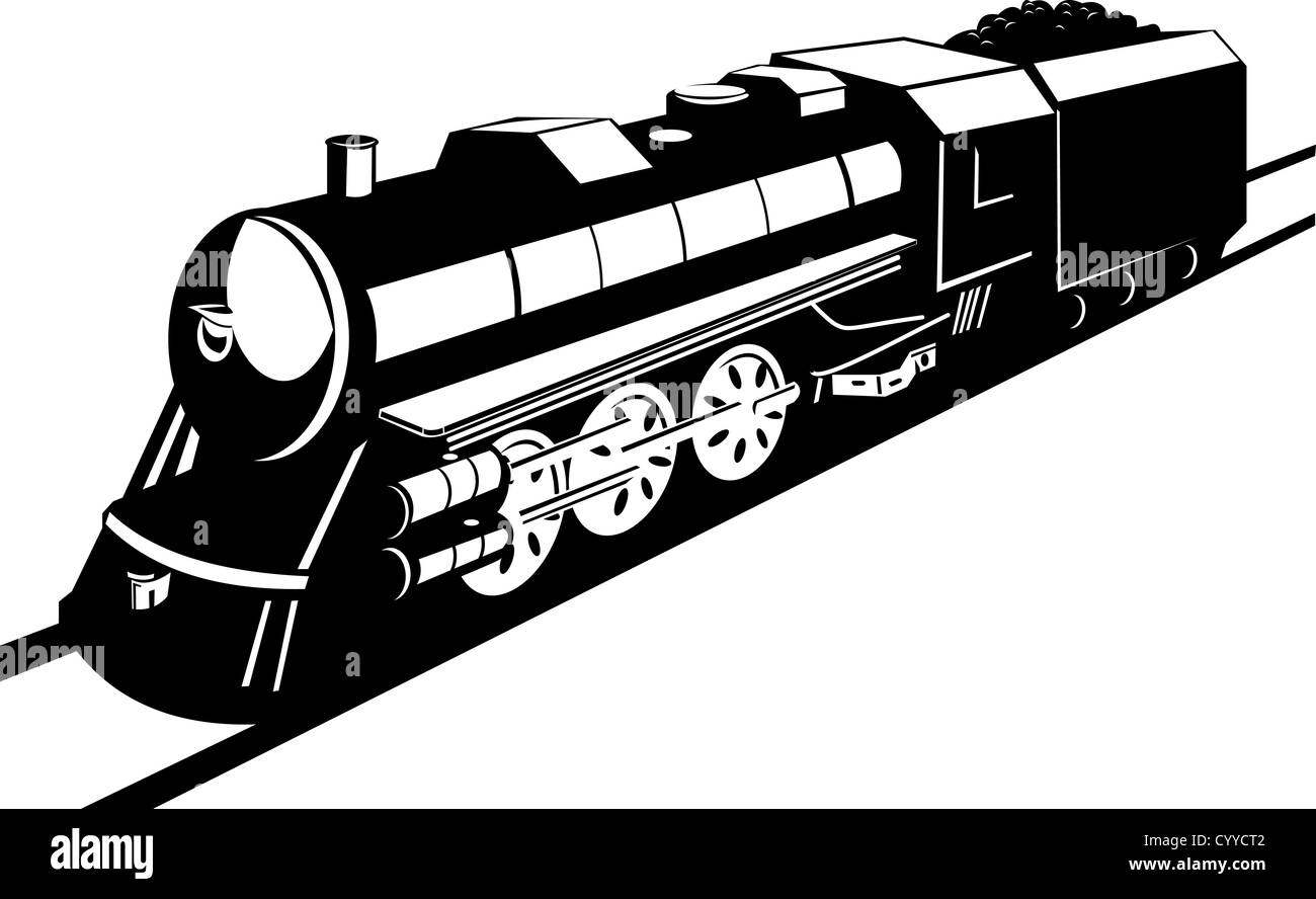Beispiel für eine Dampf Zug Lokomotive demnächst auf Eisenbahn getan im retro-Stil auf isolierte Hintergrund Stockfoto