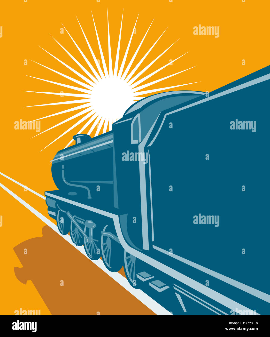 Beispiel für eine Dampf Zug Lokomotive demnächst auf Eisenbahn getan im retro-Stil auf isolierte Hintergrund Stockfoto