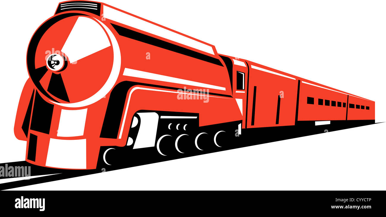 Beispiel für eine Dampf Zug Lokomotive demnächst auf Eisenbahn getan im retro-Stil auf isolierte Hintergrund Stockfoto