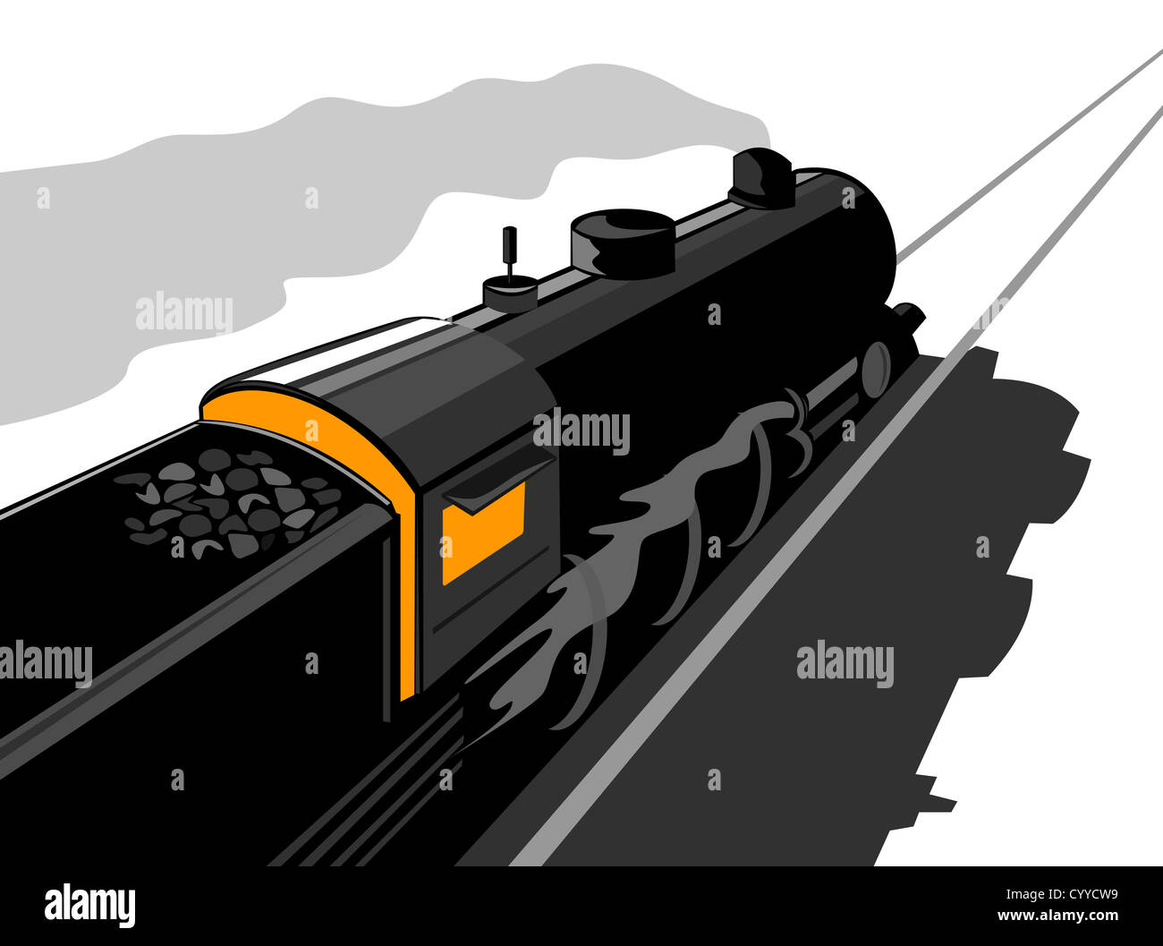 Abbildung von einem Dampfzug Lok demnächst auf Eisenbahn getan im retro-Stil auf isolierte Hintergrund aus hohen Blickwinkel betrachtet Stockfoto