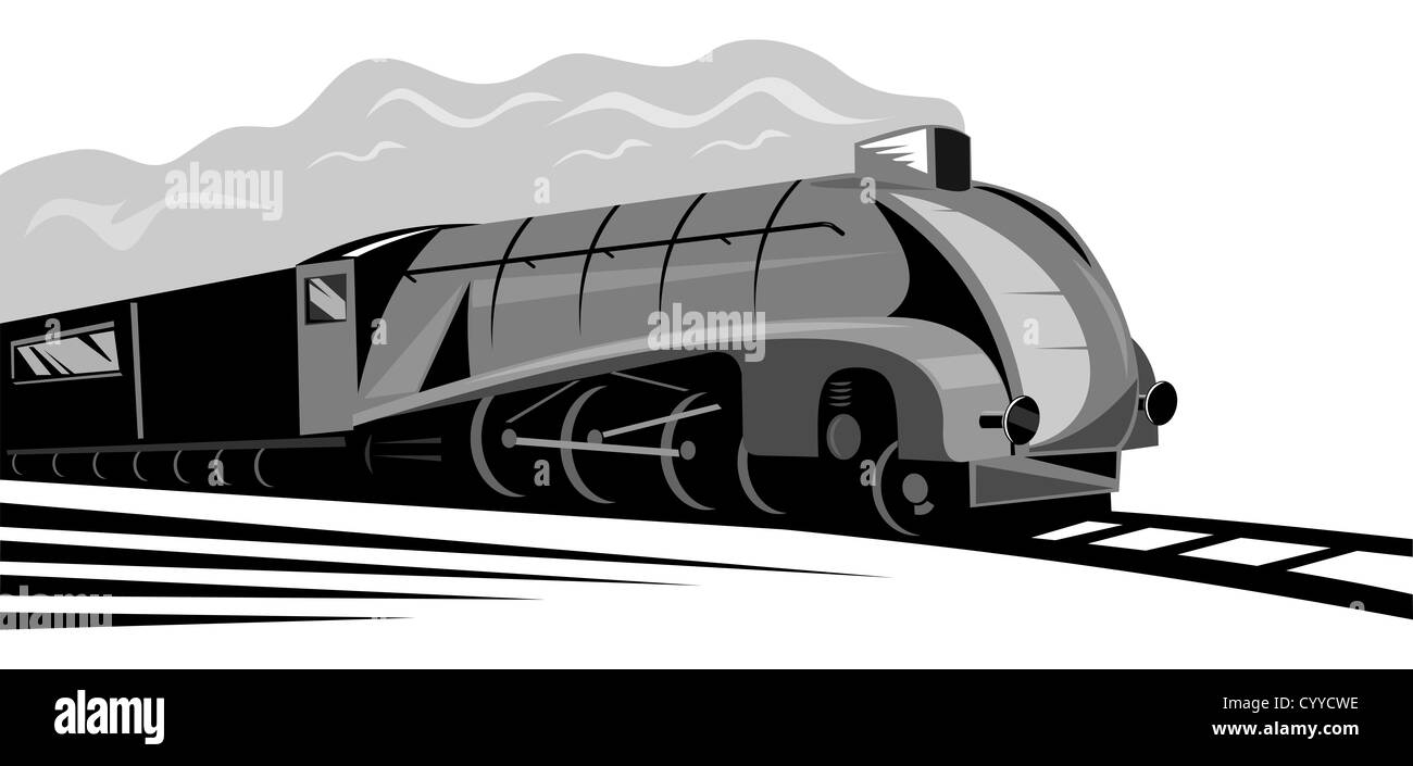 Beispiel für eine Dampf Zug Lokomotive demnächst auf Eisenbahn getan im retro-Stil auf isolierte Hintergrund Stockfoto