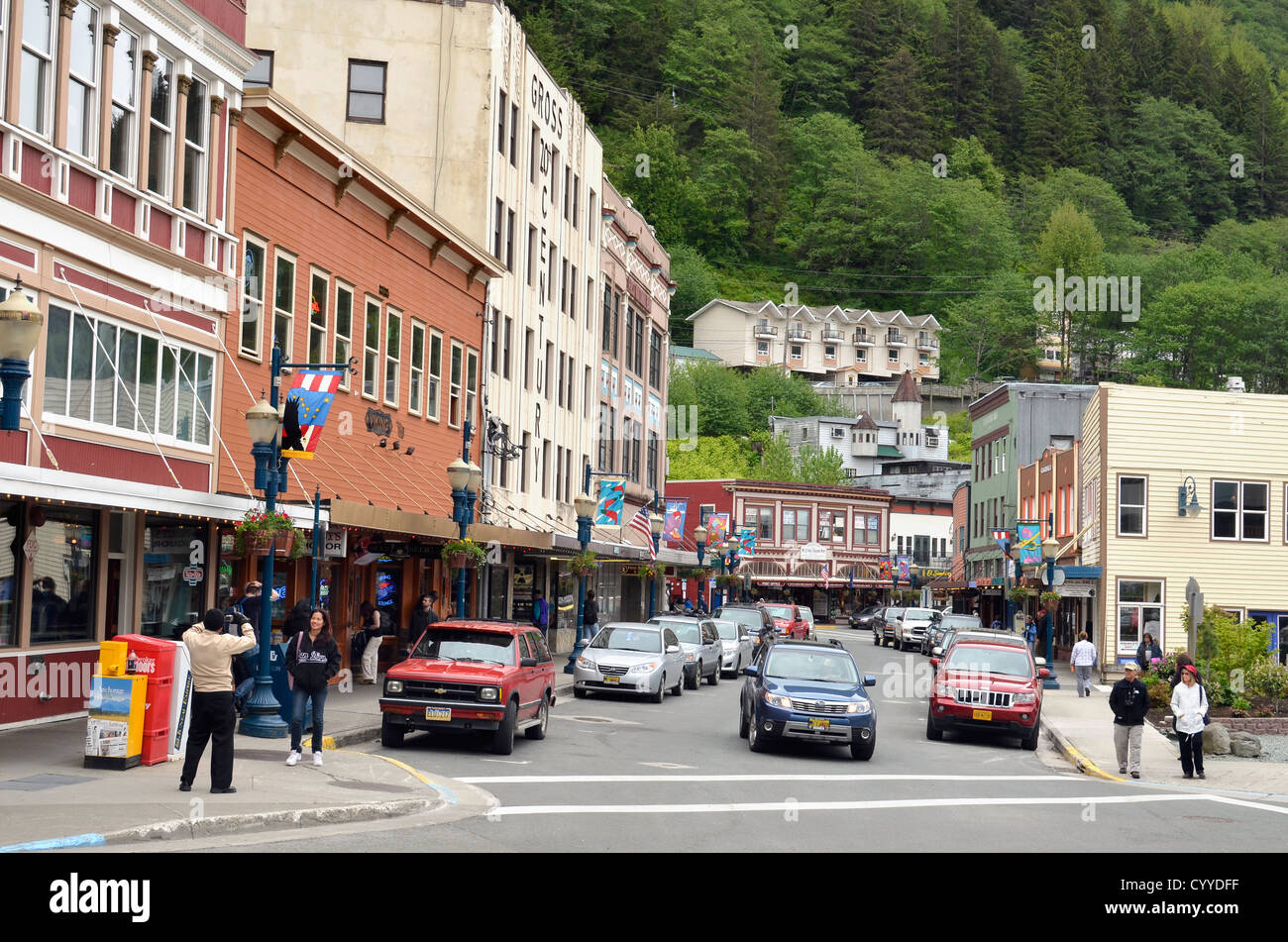 Straßenszene in der touristischen Zone von Juneau, Alaska. Stockfoto