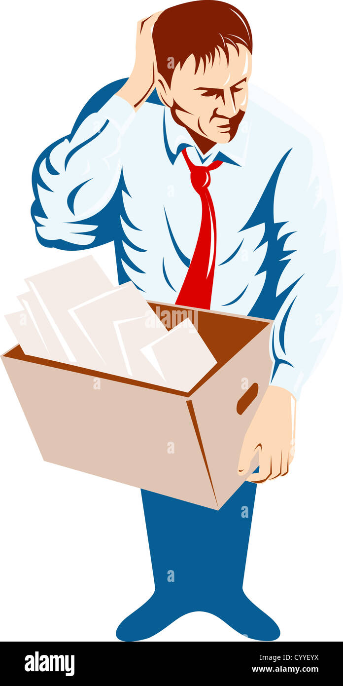 Illustration der Arbeitslose männliche Büroangestellte mit Karton kratzen Kopf Holzschnitt Retro-Stil. Stockfoto