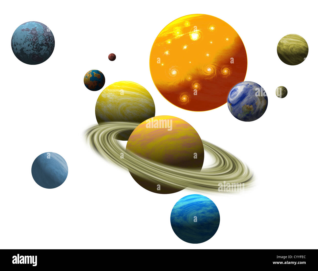 Darstellung des Sonnensystems zeigt die neun Planeten auf isolierten weißen Hintergrund. Stockfoto