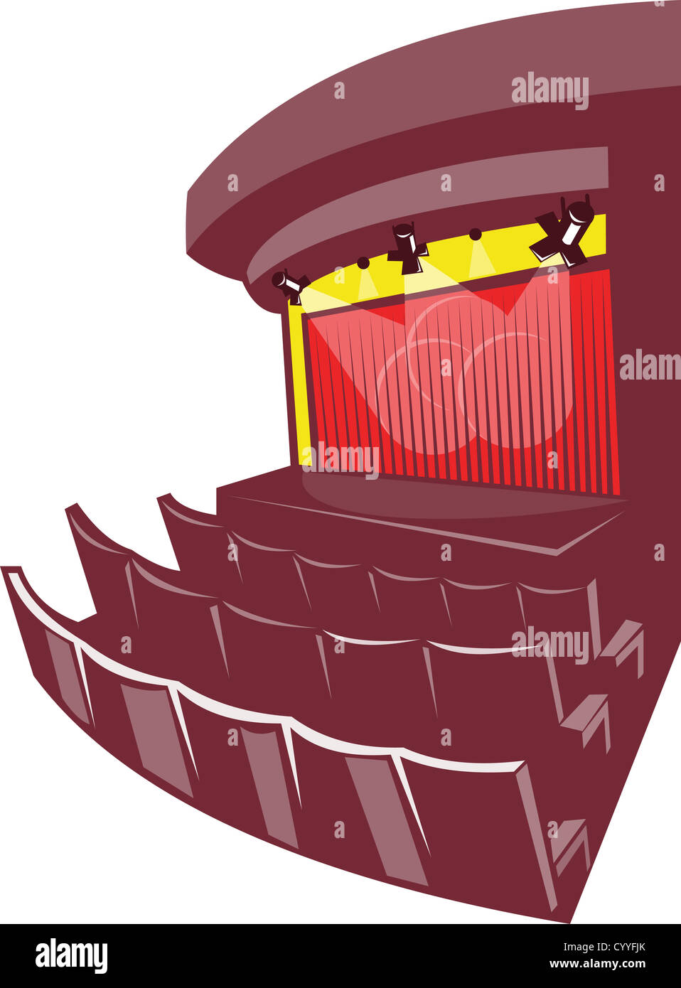 Beispiel für einen Film House Kino Theater Mittelpunkt mit Rampenlicht spotlight Beleuchtung und Stuhl Sitze im retro-Stil gemacht. Stockfoto