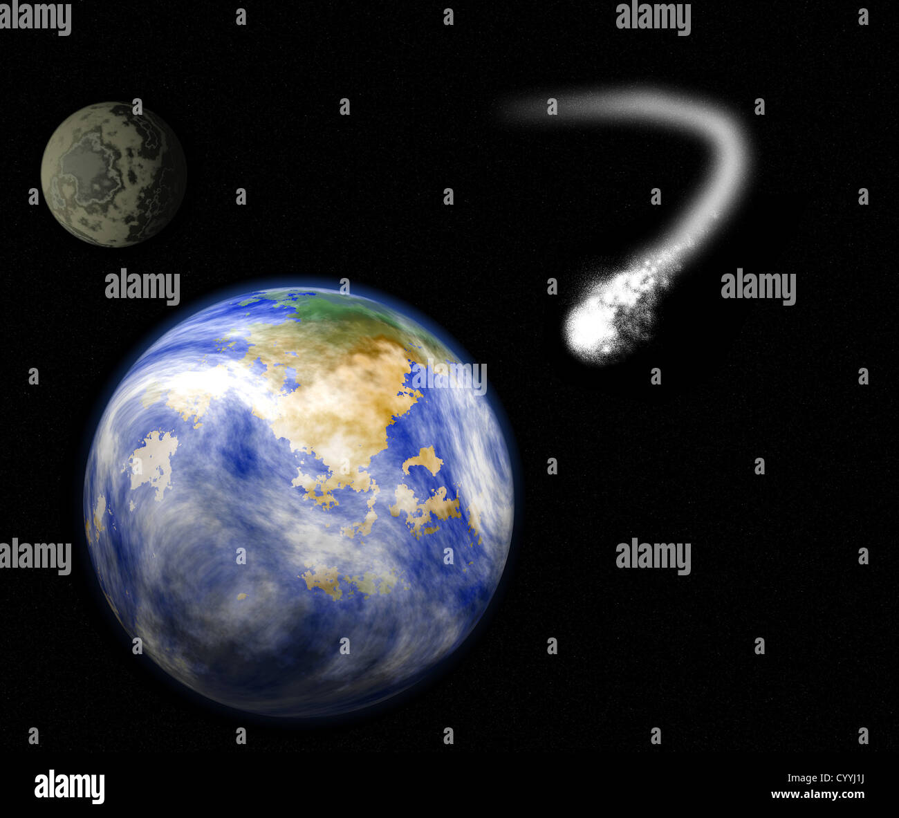Darstellung ein Kometen Überschrift und etwa Streikrecht Planetenerde mit Mond im Hintergrund. Stockfoto
