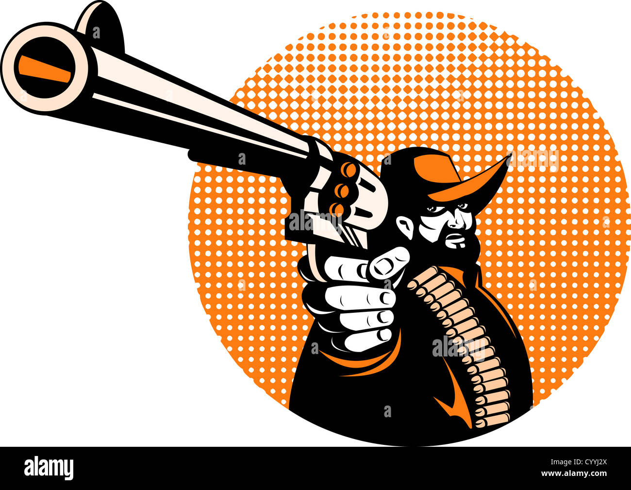 Illustration der Bandit Cowboy mit einem Revolver Handpistole getan im retro-Stil. Stockfoto
