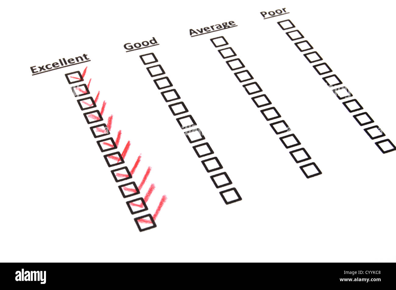 Qualität-Umfrage-Formular mit rotem Stift zeigt marketing-Konzept Stockfoto
