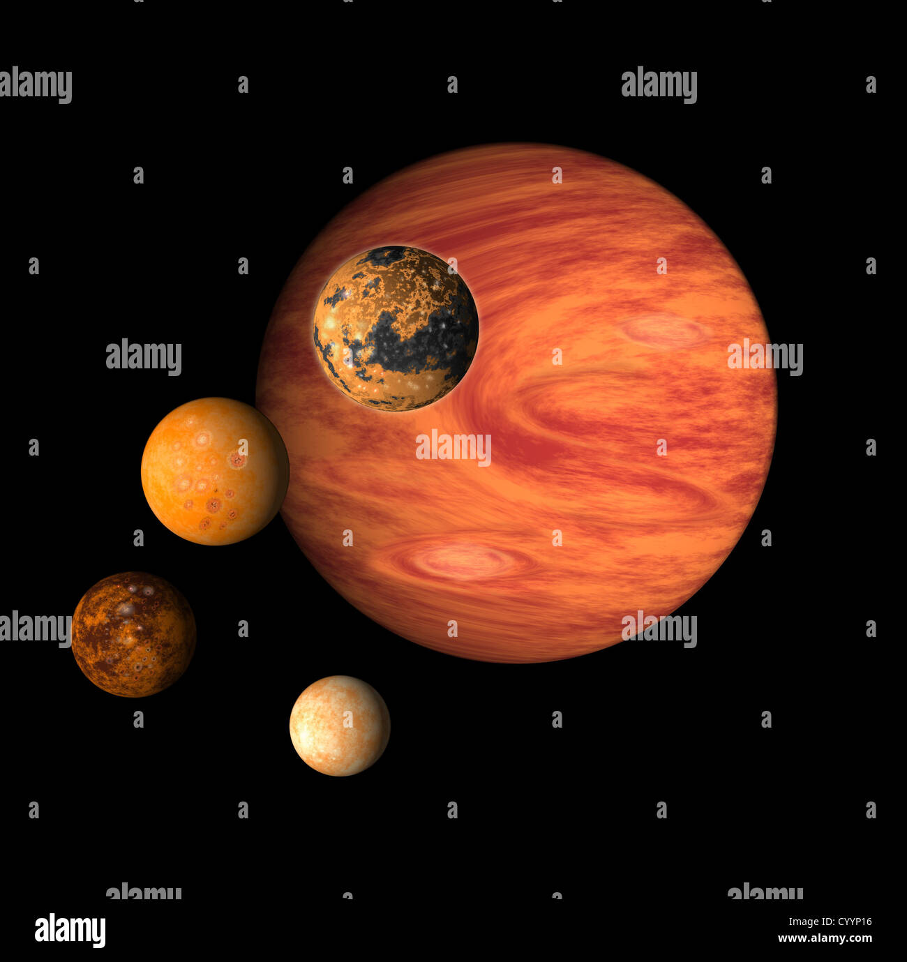 Illustration des Planeten Jupiter mit Monden Io auf isolierte Hintergrund, Callisto, Europa und Ganymed Stockfoto