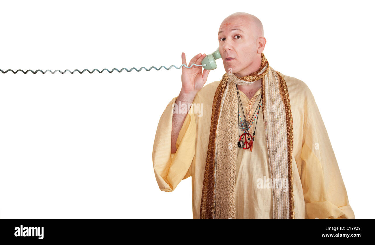 Swami auf Anruf auf weißem Hintergrund Stockfoto