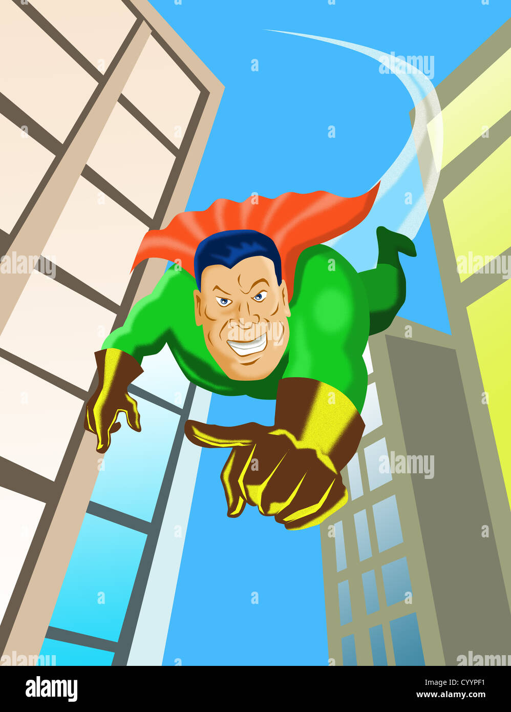 Beispiel für ein Cartoon Superheld zeigt fliegen zwischen Gebäuden Stockfoto