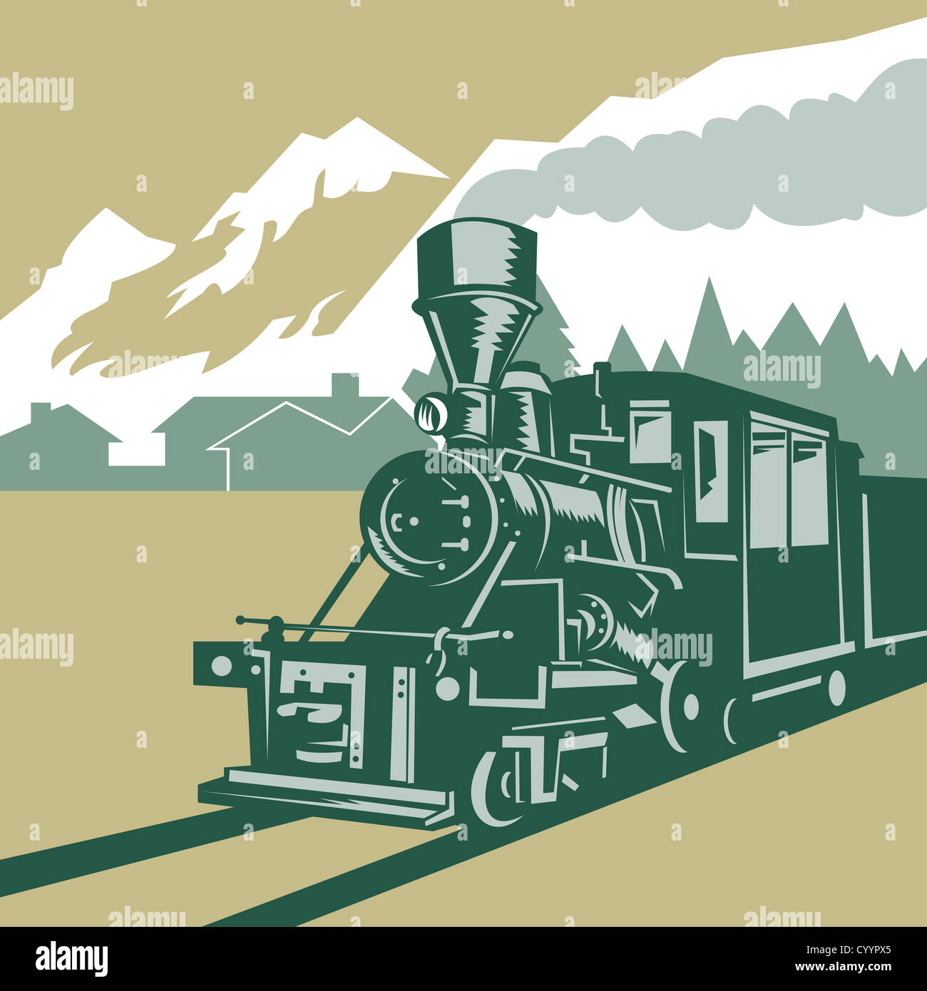 Beispiel für eine Dampf Zug Lokomotive demnächst auf Eisenbahn in Retro-Holzschnitt Stil getan Stockfoto