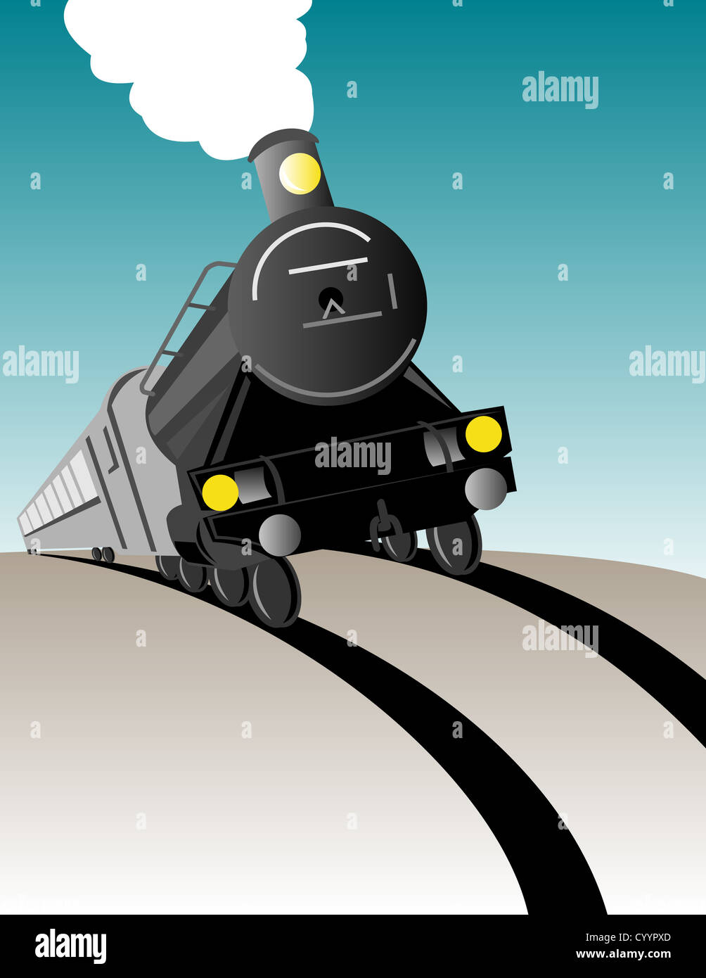 Beispiel für eine Dampf Zug Lokomotive demnächst auf Eisenbahn in Retro-Holzschnitt Stil getan Stockfoto